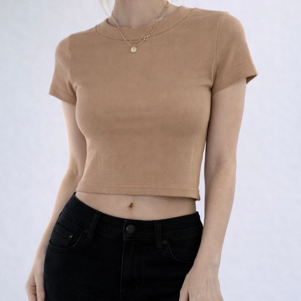 Women’s Beige Ribbed Fitted Short Sleeve Crew Neck Crop Top Tee Size XS